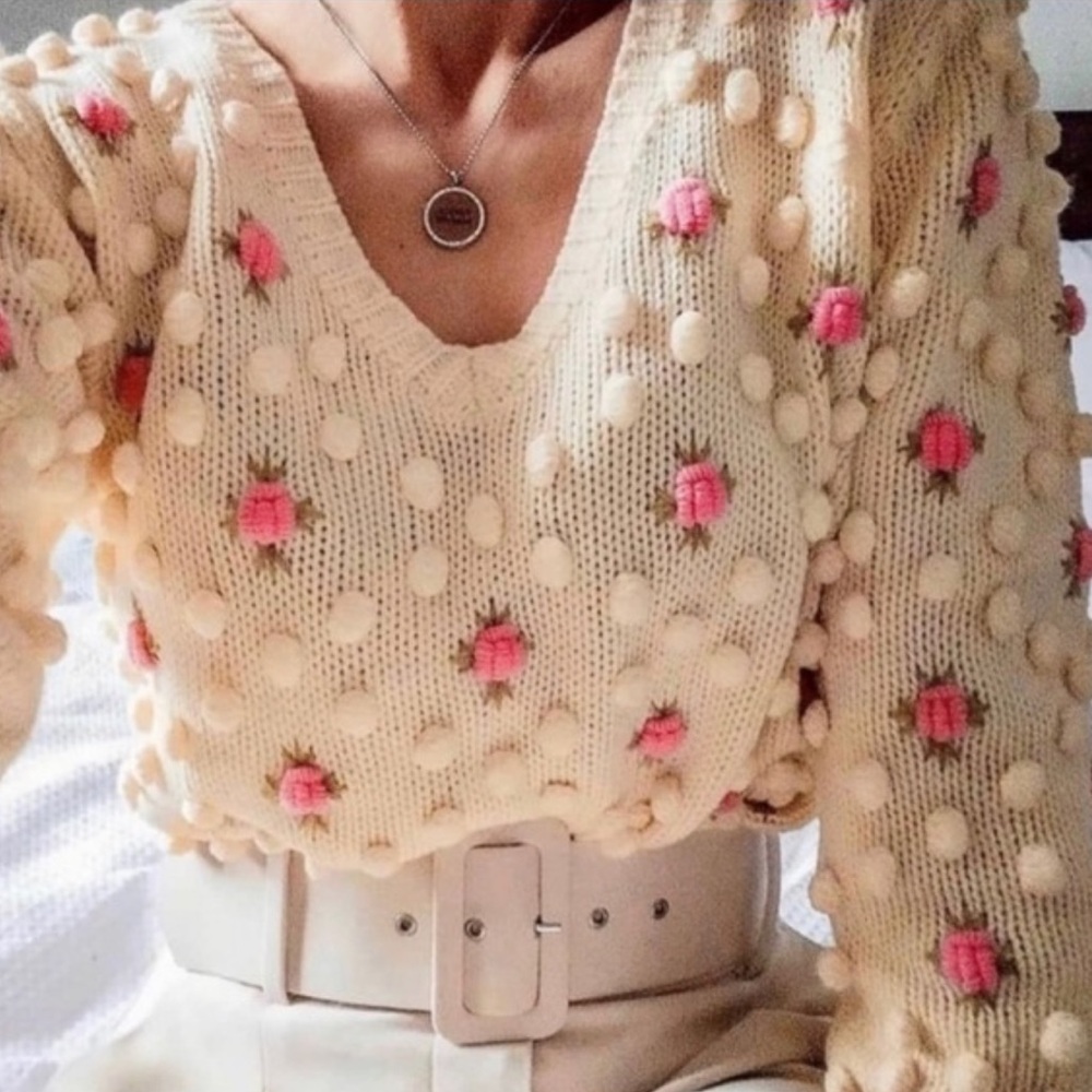 Zara Floral Pompom Cream and Pink Textured Women's Sweater M